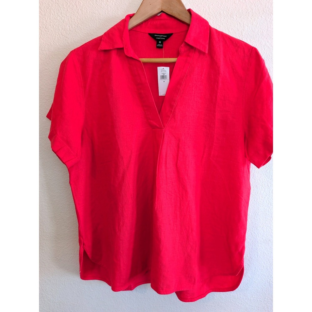 NWT Banana Republic Coral Pink Crush Linen Blend Split Neck Blouse Top M